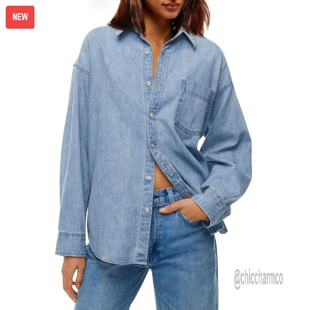 Oversized Denim Shirt Jacket Button Down Long Sleeve 100% Cotton
